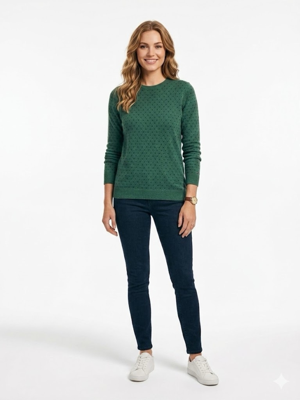 Tommy Hilfiger Women’s Large Green Polka Dot Sweater Button Back Crewneck Knit